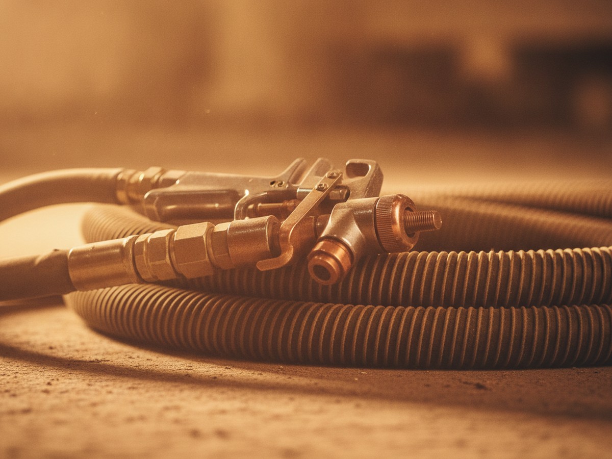 Close-up of a spray foam gun and heated hose